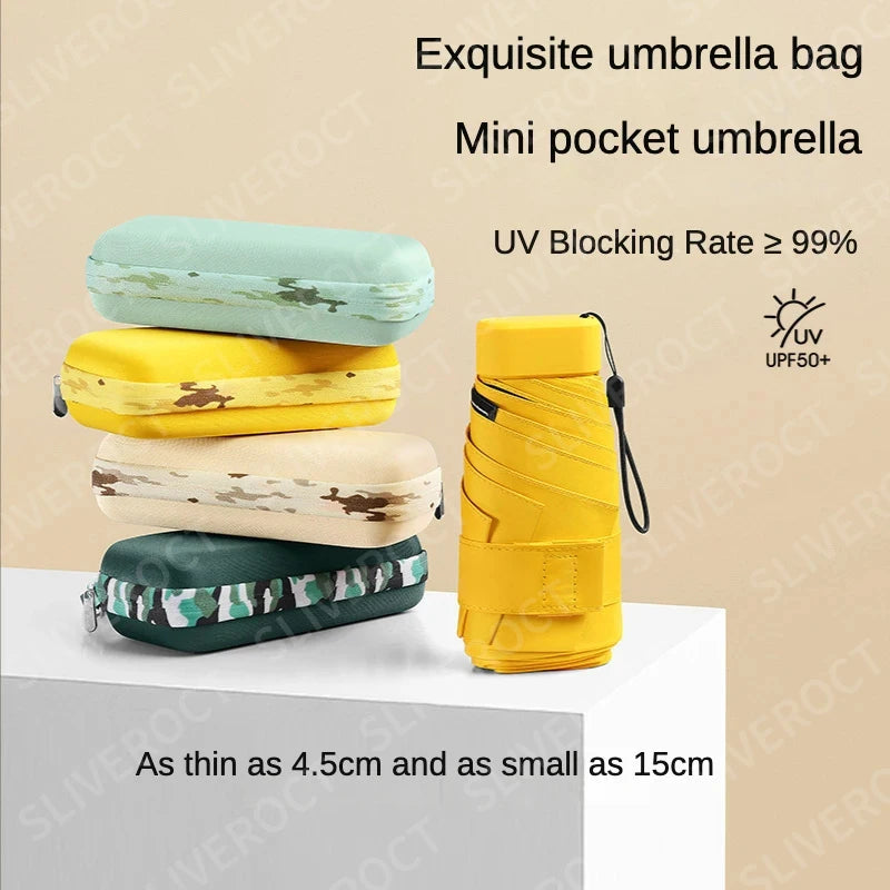 15Cm Mini Portable Compact Pocket Umbrella for Women Light 6 Folding Sun Protection Ultraviolet Umbrella Parasol with Case Set