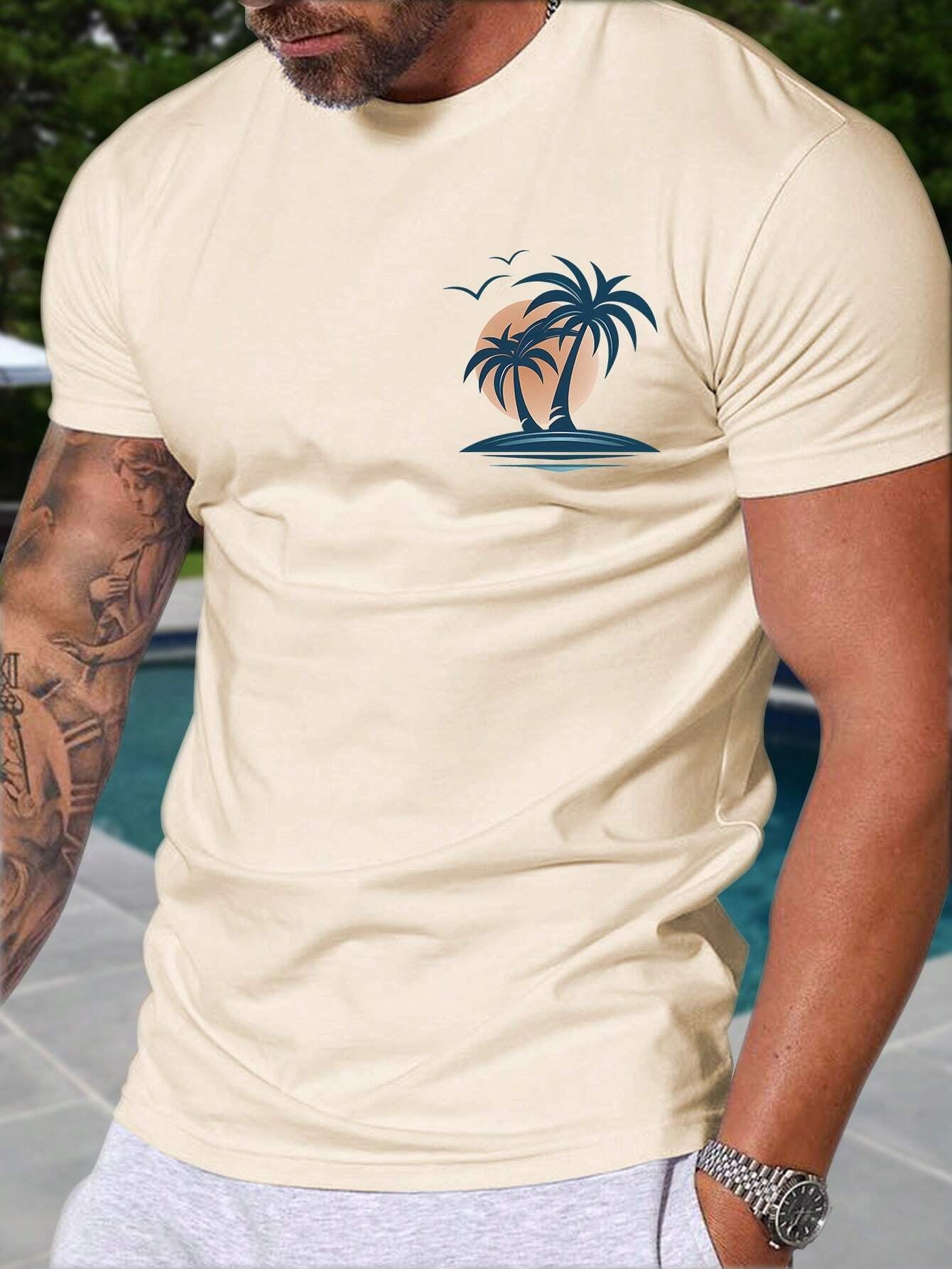 Manfinity RSRT Men Coconut Tree Print Short Sleeve Slim Fit Summer T-Shirt, Casual, for Friends