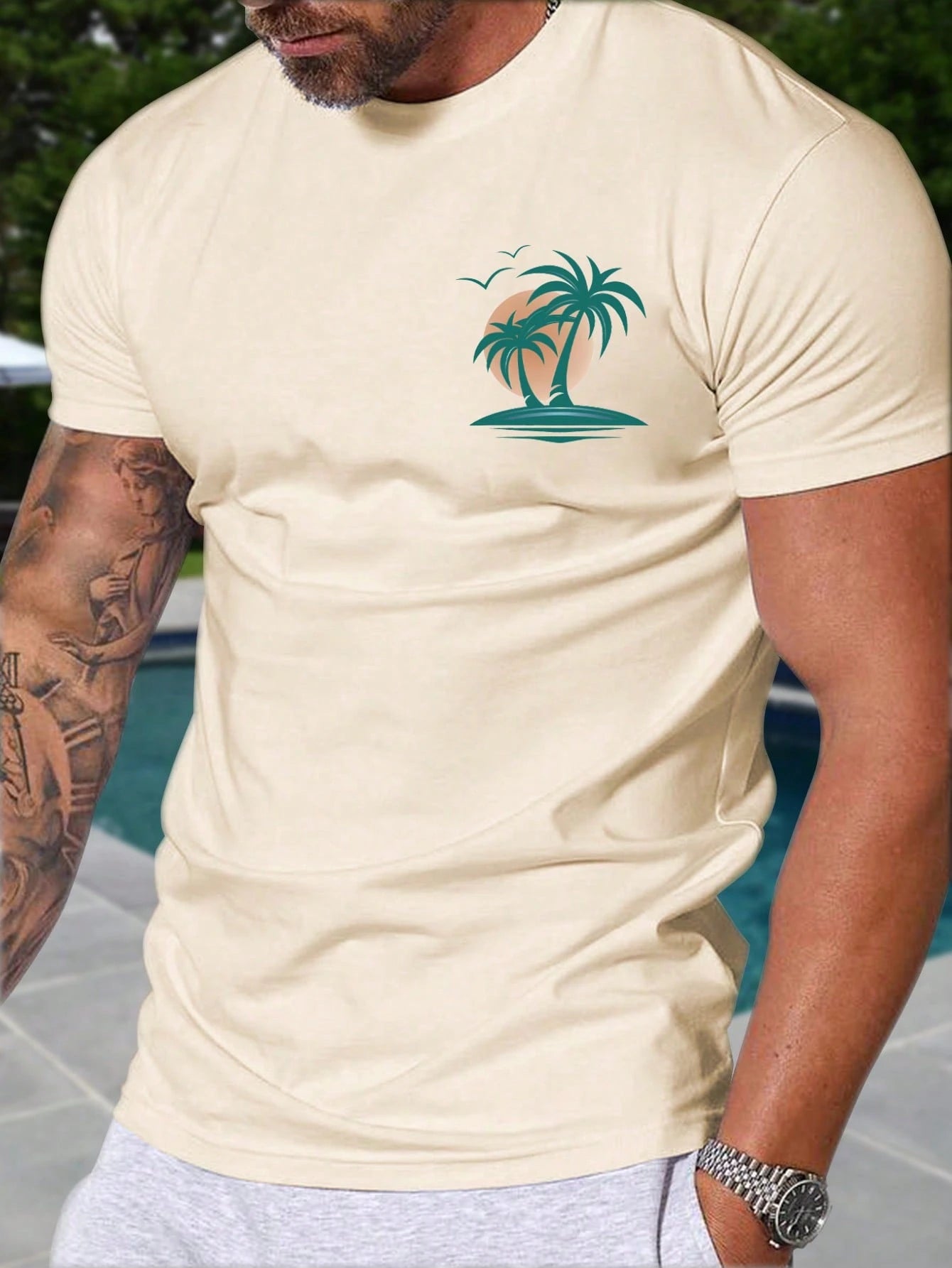 Manfinity RSRT Men Coconut Tree Print Short Sleeve Slim Fit Summer T-Shirt, Casual, for Friends