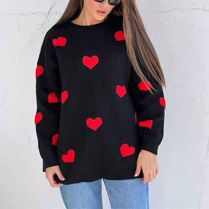 Long Sleeve Loose Heart-Shaped round Neck Sweater for Women Autumn and Winter