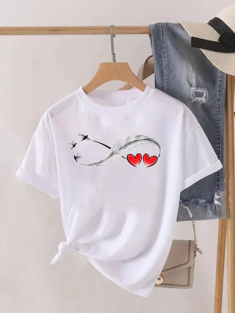 Love Heart Feather Trend Women Fashion Clothing Graphic T-Shirts Clothes Print Female Shirt Short Sleeve Lady Casual Tee