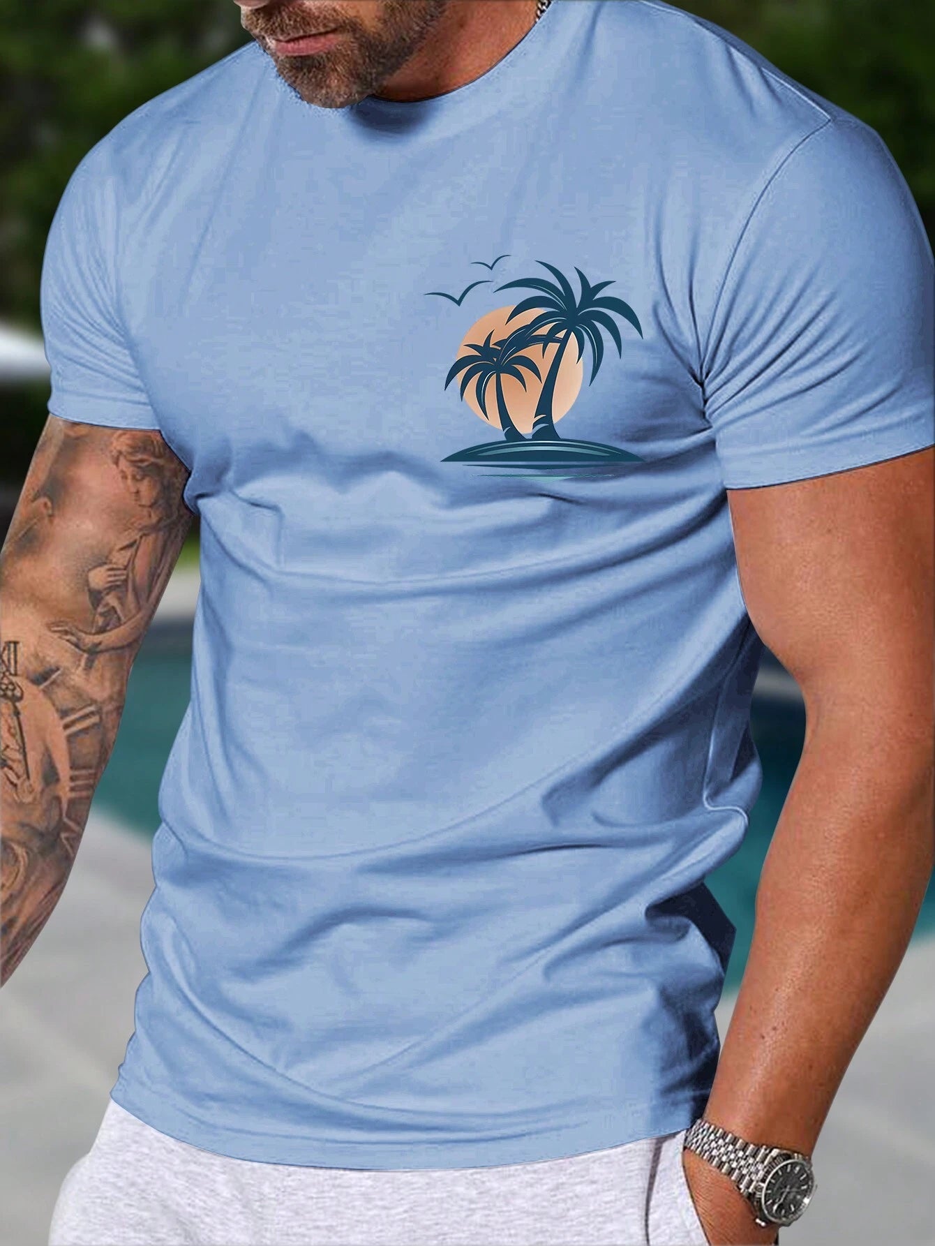 Manfinity RSRT Men Coconut Tree Print Short Sleeve Slim Fit Summer T-Shirt, Casual, for Friends